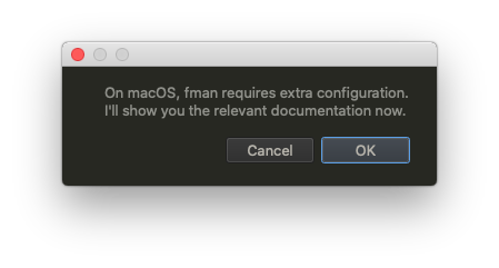 fman asking whether to open the documentation for macOS Catalina
