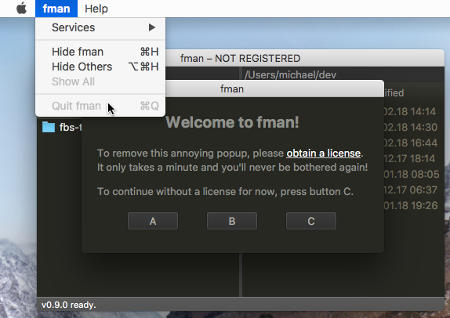 The menu in fman on Mac; The splash screen is in the background. The Quit entry in the menu is disabled.