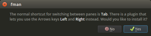 fman saying that the shortcut for switching panes it Tab, and offering to install a plugin that lets you switch panes with the Arrow keys