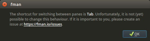 fman saying that the shortcut for switching panes it Tab, and that that can't be changed