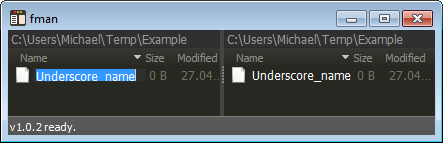 A file being renamed in fman. The underscore in the name is not visible.