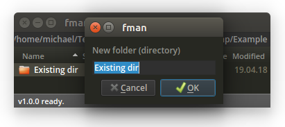 fman's New Folder dialog suggesting the name of the selected file in the background.