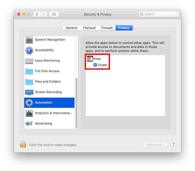 macOS grant fman Automation access to control Finder