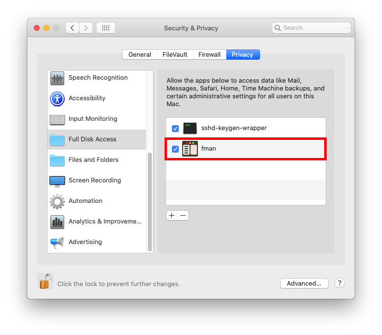 macOS Catalina fman has Full Disk Access
